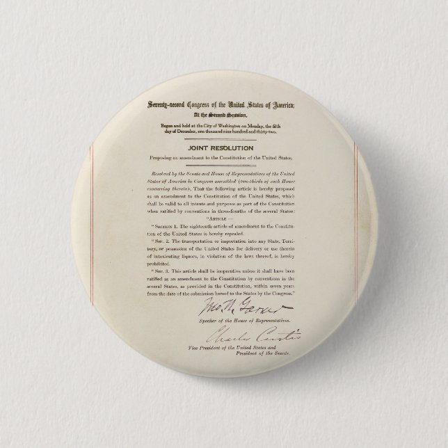 21st Constitutional Amendment Ending Prohibition Button (Front)
