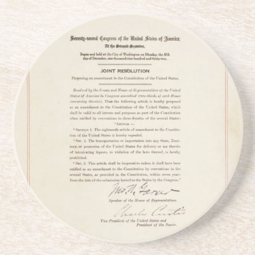 21st Constitutional Amendment Ending Prohibition Sandstone Coaster