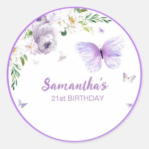 21st Floral Purple Gold Butterfly  Classic Round Sticker