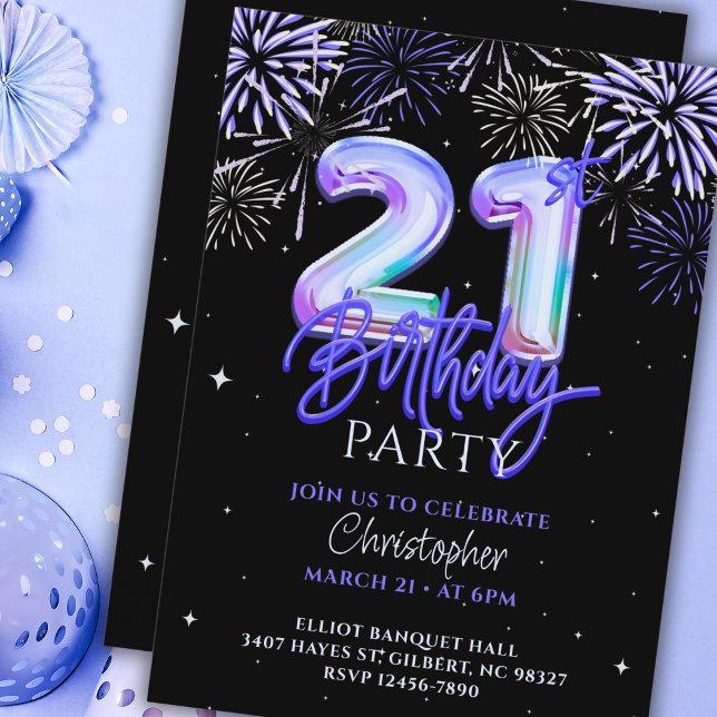 21st for Him Blue Fireworks Foil Balloon Birthday  Invitation (Creator Uploaded)