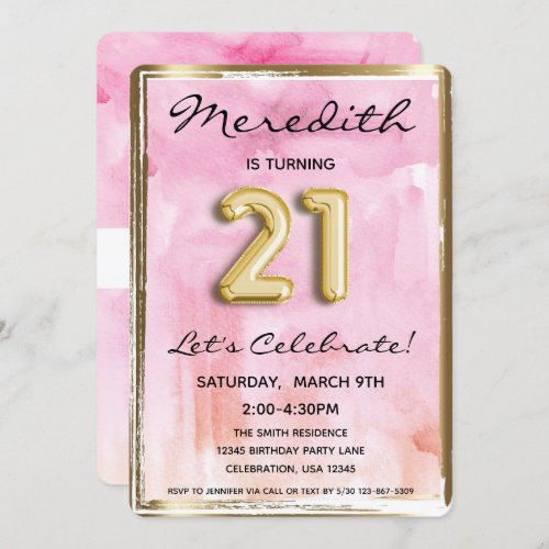 21st Girl Birthday Pink and Gold Invitation