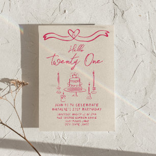 21st Hand Drawn Cake Hello Twenty One Birthday Invitation