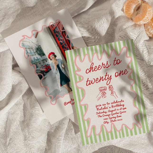 21st Hand Drawn Colorful Stripes Photo Birthday  Invitation (Creator Uploaded)