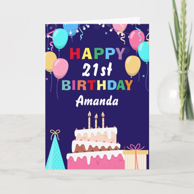 21st Happy Birthday Balloons Cake Navy Blue Card (Front)
