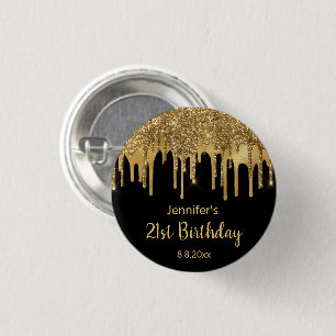 21st happy birthday black gold dripping glitters button