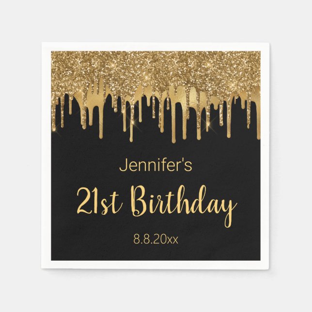 21st happy birthday black gold dripping glitters napkins (Front)