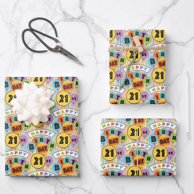 21st Happy Birthday Bright Typography Balloons  Wrapping Paper Sheets (Front)