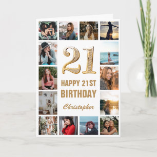 21st Happy Birthday Gold and White Photo Collage Card