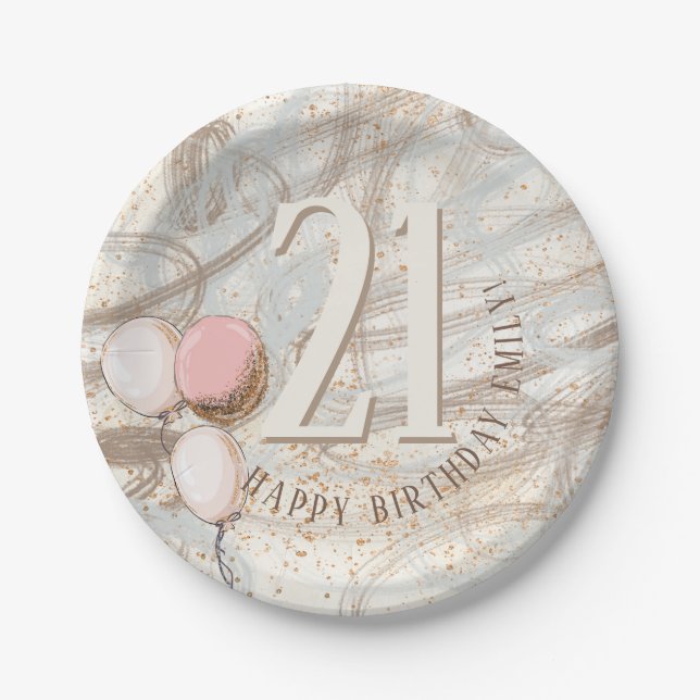 21st Happy Birthday Name Balloons Abstract Paper Plates (Front)