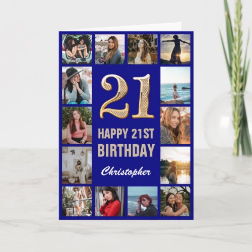 21st Happy Birthday Navy Blue & Gold Photo Collage
