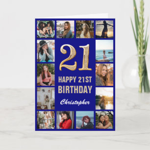 21st Happy Birthday Navy Blue & Gold Photo Collage Card