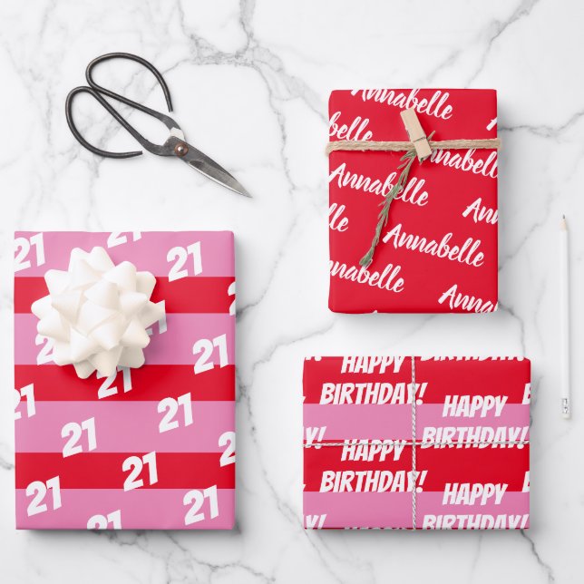 21st Happy Birthday Pink Red Add Name Pattern Wrapping Paper Sheets (Front)