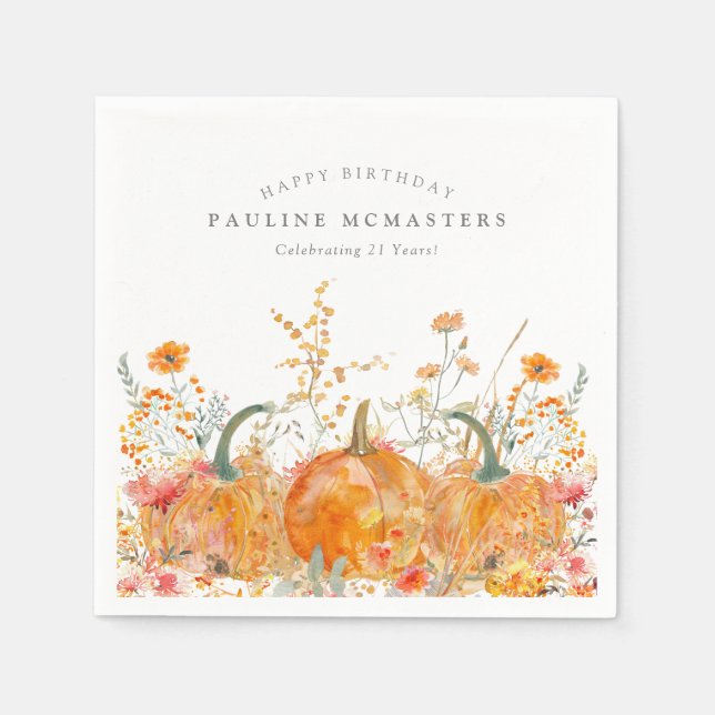 21st Happy Birthday Pumpkin Wildflower Custom Napkins (Front)
