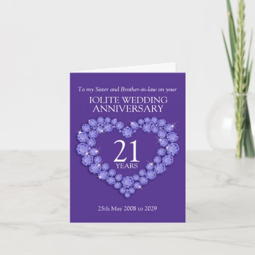 21st Iolite wedding anniversary heart sister card