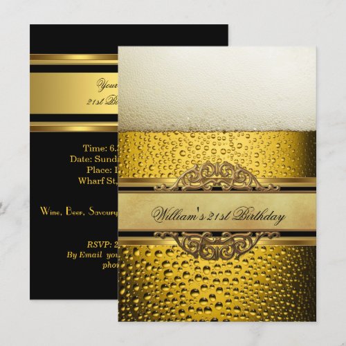 21st Mans Beer Black Gold Birthday Party Invites