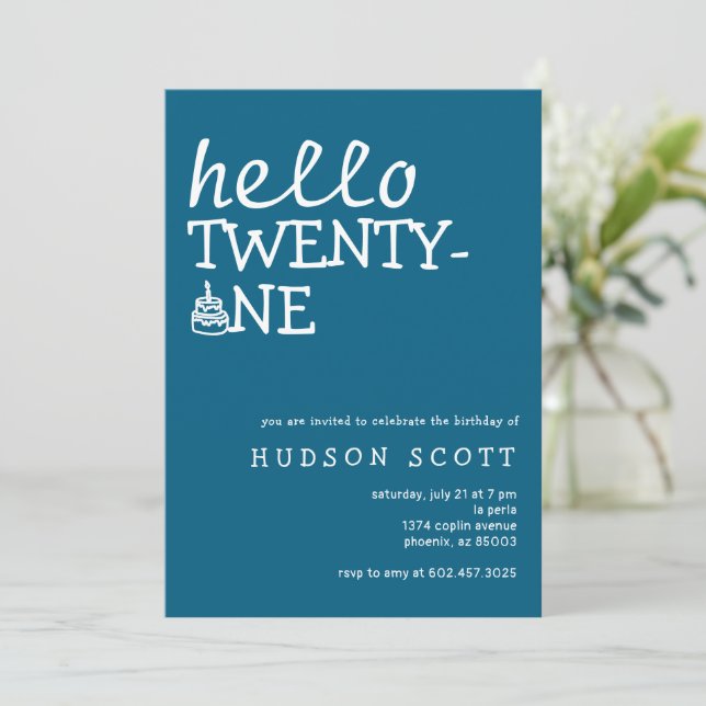  21st Mens Birthday Party Hello Twenty-One Blue Invitation (Standing Front)