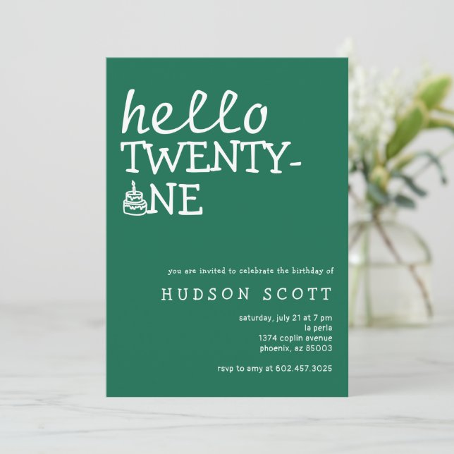  21st Mens Birthday Party Hello Twenty-One Green Invitation (Standing Front)