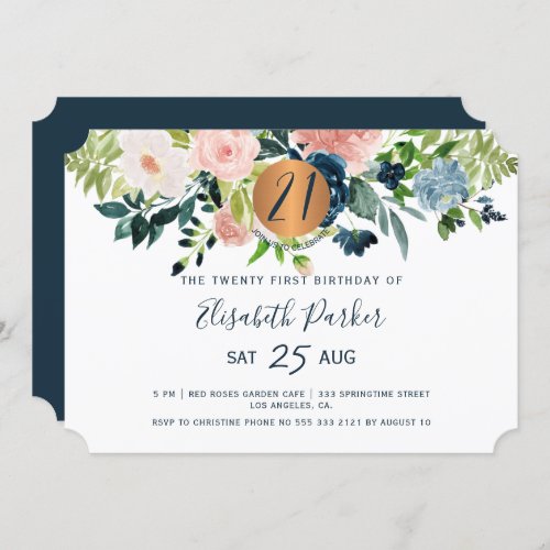 21st modern navy floral watercolor birthday party invitation
