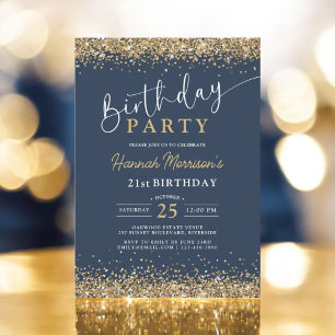 21st Navy Blue Gold Glitter Any Age Birthday Invitation