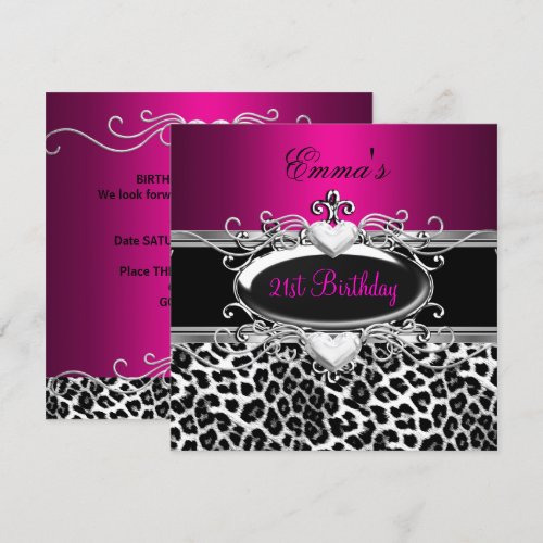 21st Party Silver Pink Black White Leopard Invitations
