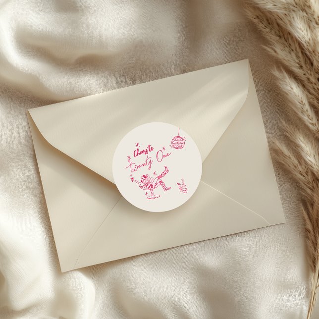 21st Pink Hand Drawn Coastal Cow Girl Birthday   Classic Round Sticker (Creator Uploaded)