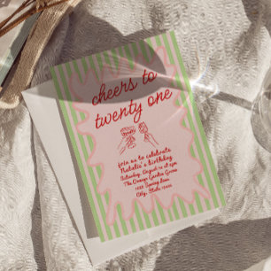 21st Pink Hand Drawn Colorful Stripes Birthday  Invitation