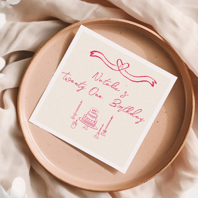 21st Pink Hand Written Drawn Cake Bow Birthday Napkins (Creator Uploaded)