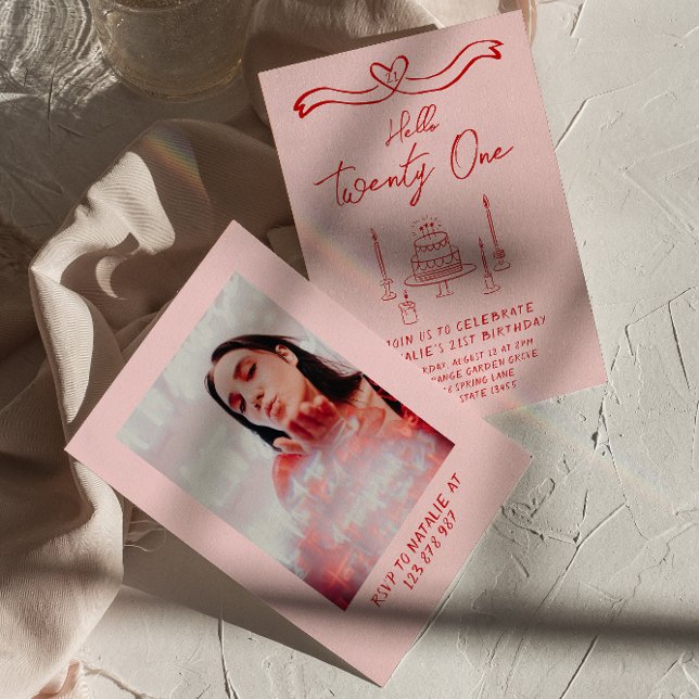 21st Pink Red Cake Hello Twenty One Photo Birthday Invitation (Creator Uploaded)
