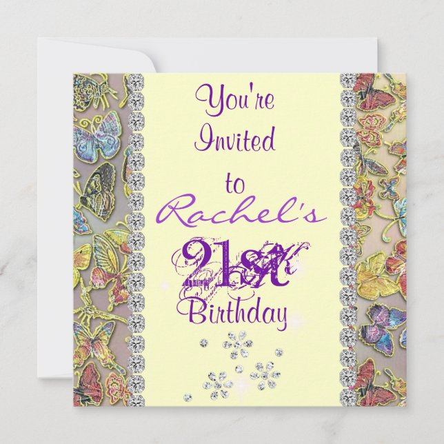 21st PURPLE BUTTERFLY Birthday Invitation BLING (Front)