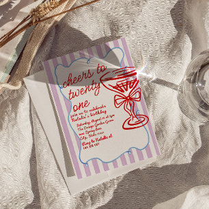 21st Red Hand Drawn Champagne Glass Fun Birthday  Invitation