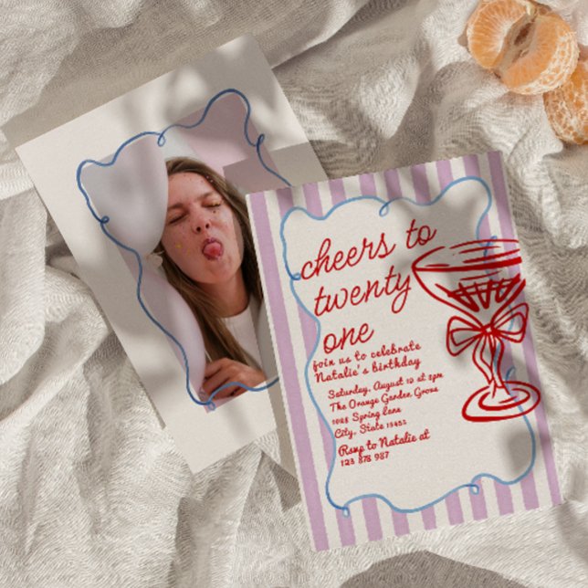 21st Red Hand Drawn Champagne Glass Photo Birthday Invitation (Creator Uploaded)