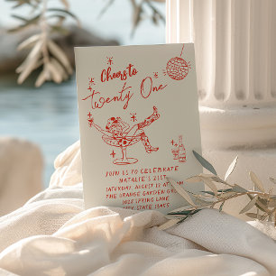 21st Red Hand Drawn Cowgirl Coastal Fun Birthday Invitation