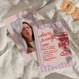 21st Red Pink Hand Drawn Champagne Photo Birthday  Invitation
