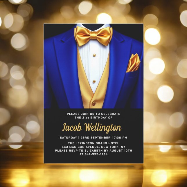 21st Royal Blue and Gold Tuxedo Birthday Event Invitation (Creator Uploaded)