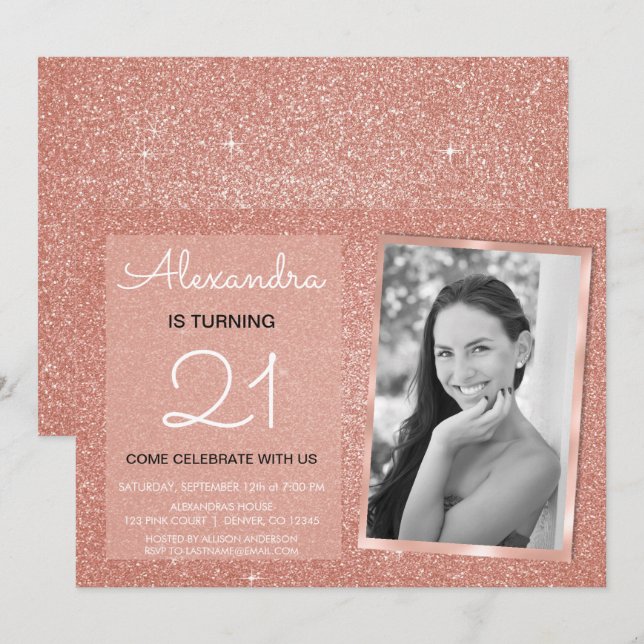 21st Sparkle Rose Gold Blush Pink Photo Invitation (Front/Back)