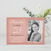 21st Sparkle Rose Gold Blush Pink Photo Invitation (Standing Front)