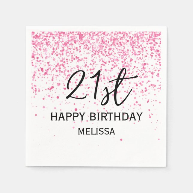 21st Sparkling Hot Pink Glitter Birthday Napkins (Front)