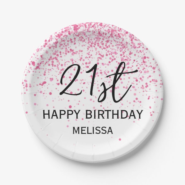 21st Sparkling Hot Pink Glitter Birthday Paper Plates (Front)