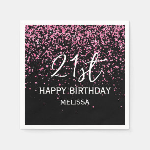 21st Sparkling Hot Pink Glitter Black Birthday Napkins