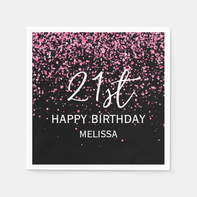 21st Sparkling Hot Pink Glitter Black Birthday Napkins (Front)