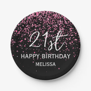 21st Sparkling Hot Pink Glitter Black Birthday Paper Plates