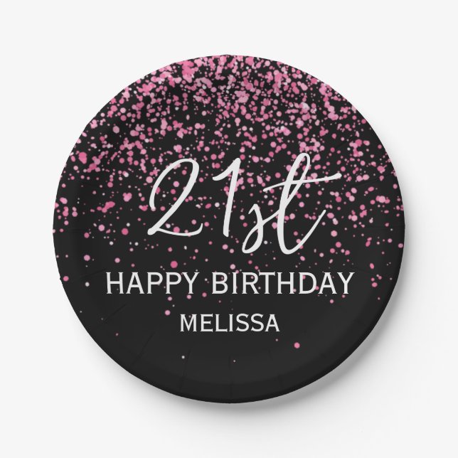 21st Sparkling Hot Pink Glitter Black Birthday Paper Plates (Front)