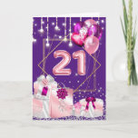 21st string lights pink gold gifts bows birthday card<br><div class="desc">Celebrate your 21sth birthday with this modern and funky design featuring vertical hanging string lights below which is a faux gold hexagon frame surrounding the numbers twenty one. Below this are faux silver glitter sprinkles resting behind beautiful shiny gifts that have been wrapped in pretty pink vibrant paper. Delicate ribbons...</div>