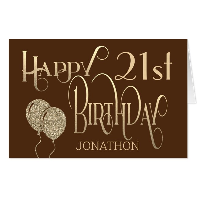 21st Stylish gold text Brown Man Happy Birthday Card (Front Horizontal)