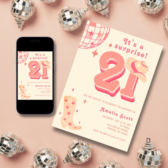 21st Surprise Birthday Retro Disco Cowgirl Pink Invitation (Creator Uploaded)