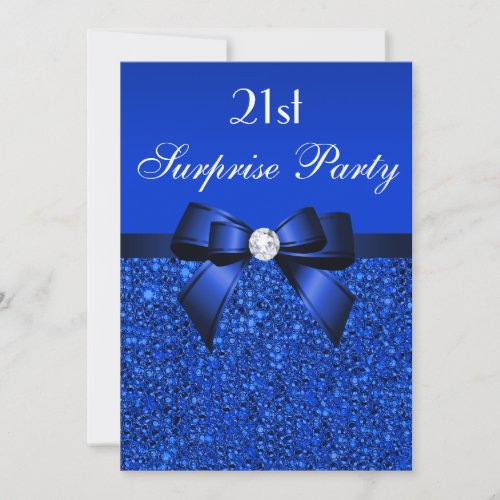 21st Surprise Birthday Royal Blue Sequins and Bow Invitation