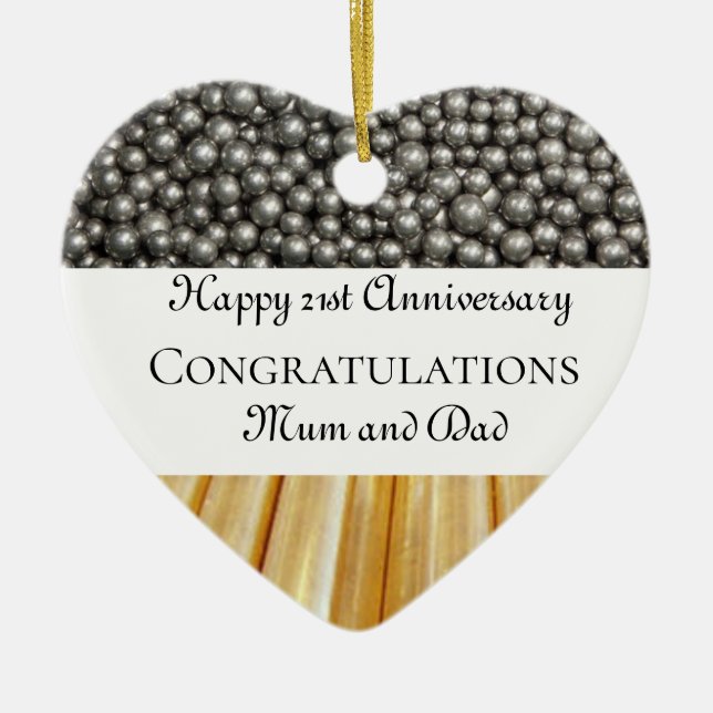 21st Wedding Anniversary Brass and Nickel Ceramic Ornament (Front)