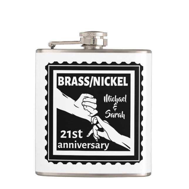 21st wedding anniversary brass nickel traditional flask (Front)