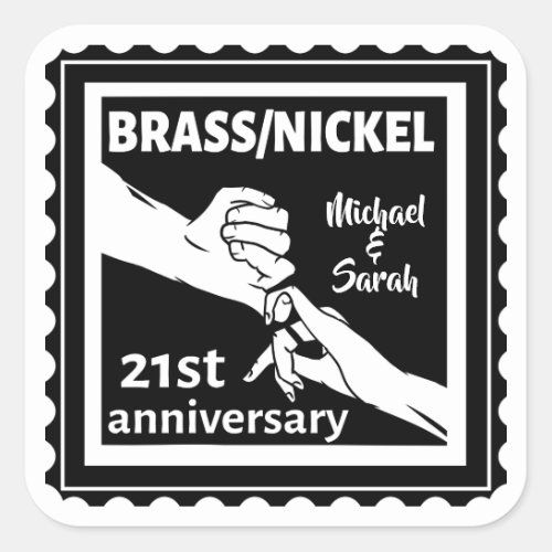 21st wedding anniversary brass nickel traditional square sticker