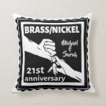 21st wedding anniversary brass nickel traditional throw pillow<br><div class="desc">If you would like any help customizing this design, please use the ask this designer button, just below this text. A romantic design for a married couples 21st, 21 years wedding anniversary. An illustration of a man and a wife holding hands, , the text reads brass / nickel which is...</div>